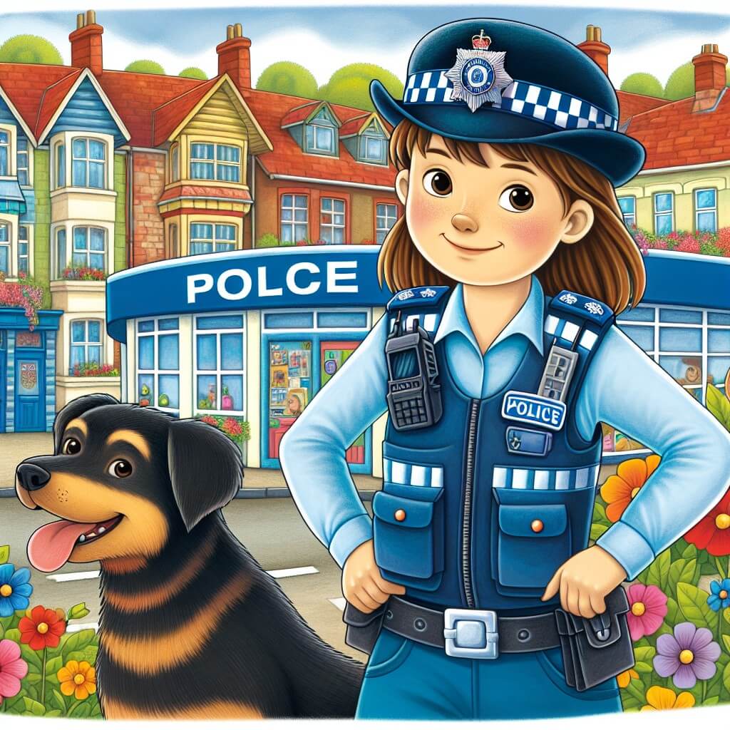 Une illustration destinée aux enfants représentant une jeune policière courageuse, se tenant fièrement devant un commissariat coloré, avec un chien policier joyeux à ses côtés, dans une petite ville animée par des maisons aux toits rouges et des fleurs colorées.