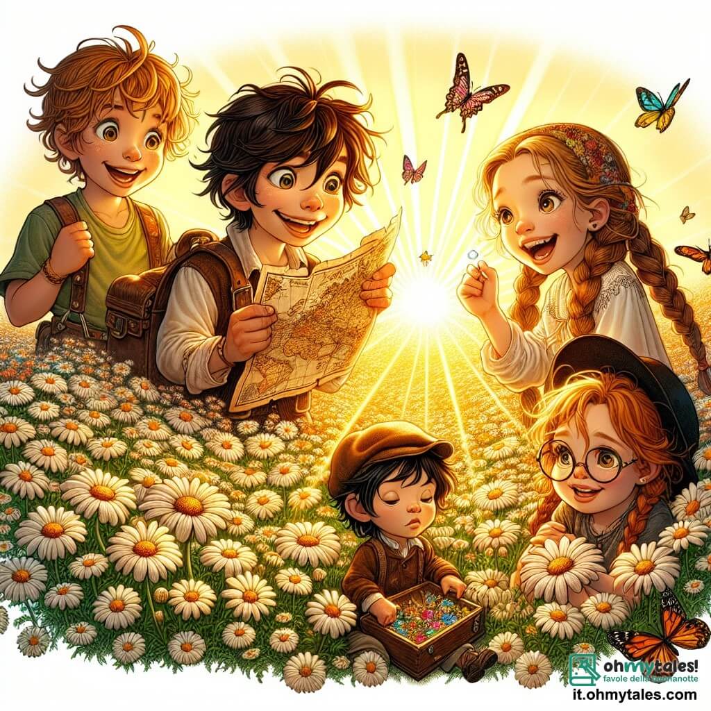Illustrazione che rappresenta un grande campo di margherite in fiore, bagnato dalla luce dorata del sole. I fiori danzano dolcemente al vento, creando un oceano di colori vivaci, con farfalle multicolori che volano intorno. Al centro dell'immagine, un ragazzo di circa 8 anni, con capelli castani disordinati e un sorriso splendente, tiene una vecchia mappa tra le mani. Accanto a lui, una ragazza di circa 7 anni, con lunghi capelli biondi intrecciati e occhiali, osserva attentamente la mappa con occhi scintillanti di curiosità. Un altro ragazzo, di circa 9 anni, con capelli neri e un cappellino, si accovaccia esaminando una piccola scatola di legno che hanno appena trovato. Infine, una ragazza di circa 6 anni, con capelli castani e un apparecchio ortopedico alla gamba, è seduta sull'erba, sorridendo gioiosamente mentre tiene una gemma colorata nella mano. La scena cattura l'eccitazione e lo stupore dei piccoli avventurieri mentre scoprono un tesoro nascosto tra i fiori. I raggi di sole filtrano attraverso gli alberi circostanti, aggiungendo un tocco magico all'atmosfera. Risate e scoppi di gioia sembrano quasi galleggiare nell'aria, mentre un uccellino posato su un ramo li osserva con curiosità.