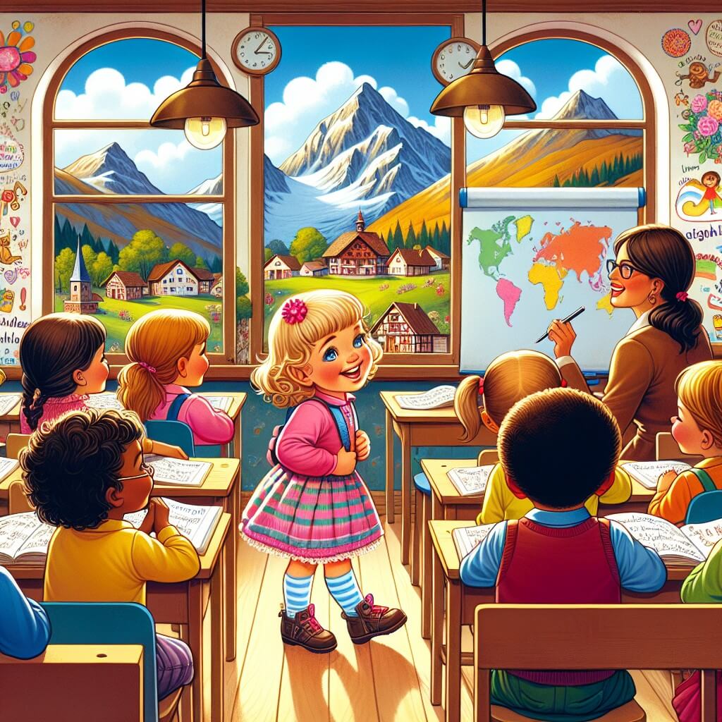 Une illustration destinée aux enfants représentant une petite fille pleine de vie et d'énergie, se retrouvant dans une classe colorée aux murs recouverts de dessins et de mots joyeux, entourée de ses camarades de classe, à l'écoute de leur enseignante passionnée, dans une école nichée au cœur d'un village pittoresque, entourée de montagnes majestueuses et de prairies verdoyantes.
