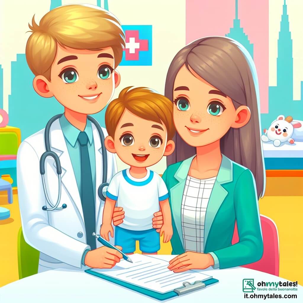 Une illustration destinée aux enfants représentant une jeune médecin femme, une maman et son fils, se déroulant dans un studio médical lumineux et coloré de la ville de Bambinopoli.