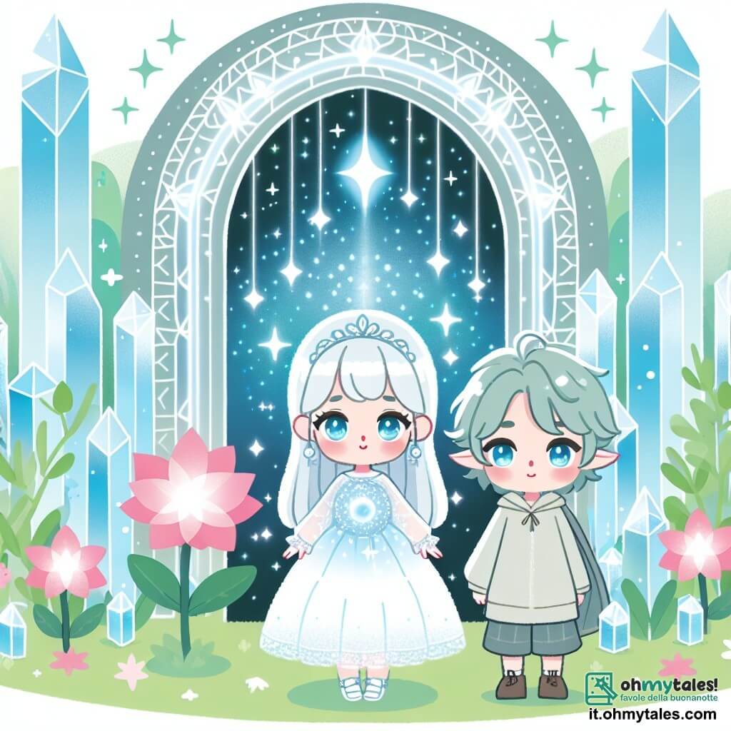 Une illustration destinée aux enfants représentant une princesse stellaire aux cheveux d'argent, se tenant devant une porte dimensionnelle brillante, accompagnée d'un elfe sage, dans un jardin de cristal entouré d'étoiles scintillantes.