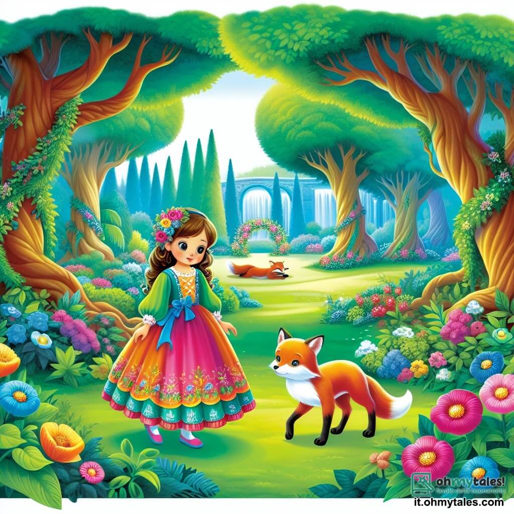 Une illustration destinée aux enfants représentant une jeune fille vêtue d'une robe aux couleurs vives, se tenant dans un magnifique parc verdoyant, aux arbres majestueux et aux fleurs éclatantes, tandis qu'elle rencontre une adorable volpe blessée, symbolisant l'amitié naissante entre eux.