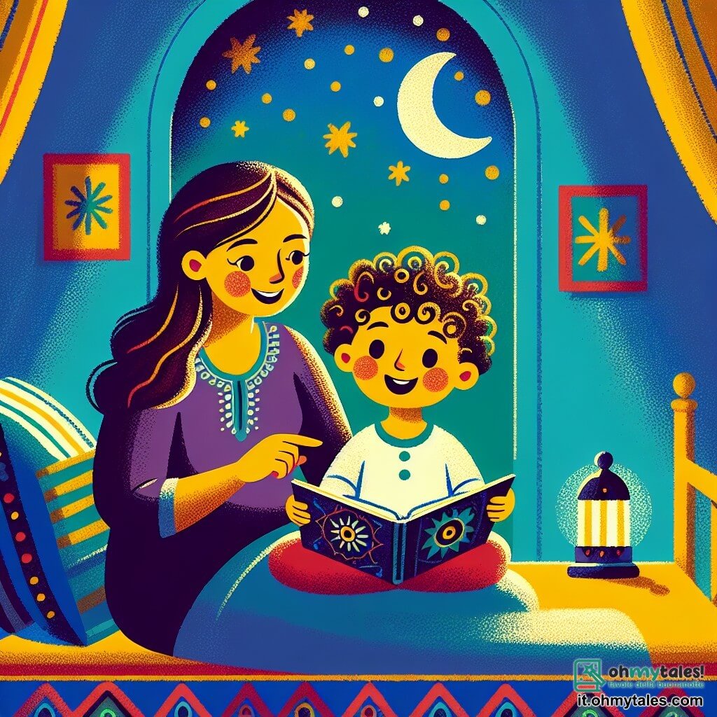 Une illustration sous forme de dessin destinée aux enfants représentant une chambre colorée avec des murs peints en bleu et jaune, où un petit garçon d'un an aux cheveux bouclés et aux yeux pétillants est assis sur son lit, tenant un livre d'histoires, tandis que sa maman, une femme souriante aux cheveux longs et bruns, s'agenouille à côté de lui avec une douce lumière tamisée émanant d'une petite lampe en forme de lune, créant une ambiance chaleureuse et rassurante, alors qu'ils partagent un moment tendre pour surmonter la peur du noir.