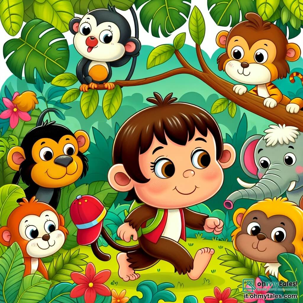 Une illustration destinée aux enfants représentant une jeune singe malicieuse, accompagnée de ses amis animaux, cherchant son cappellino rouge préféré dans une jungle luxuriante et colorée.