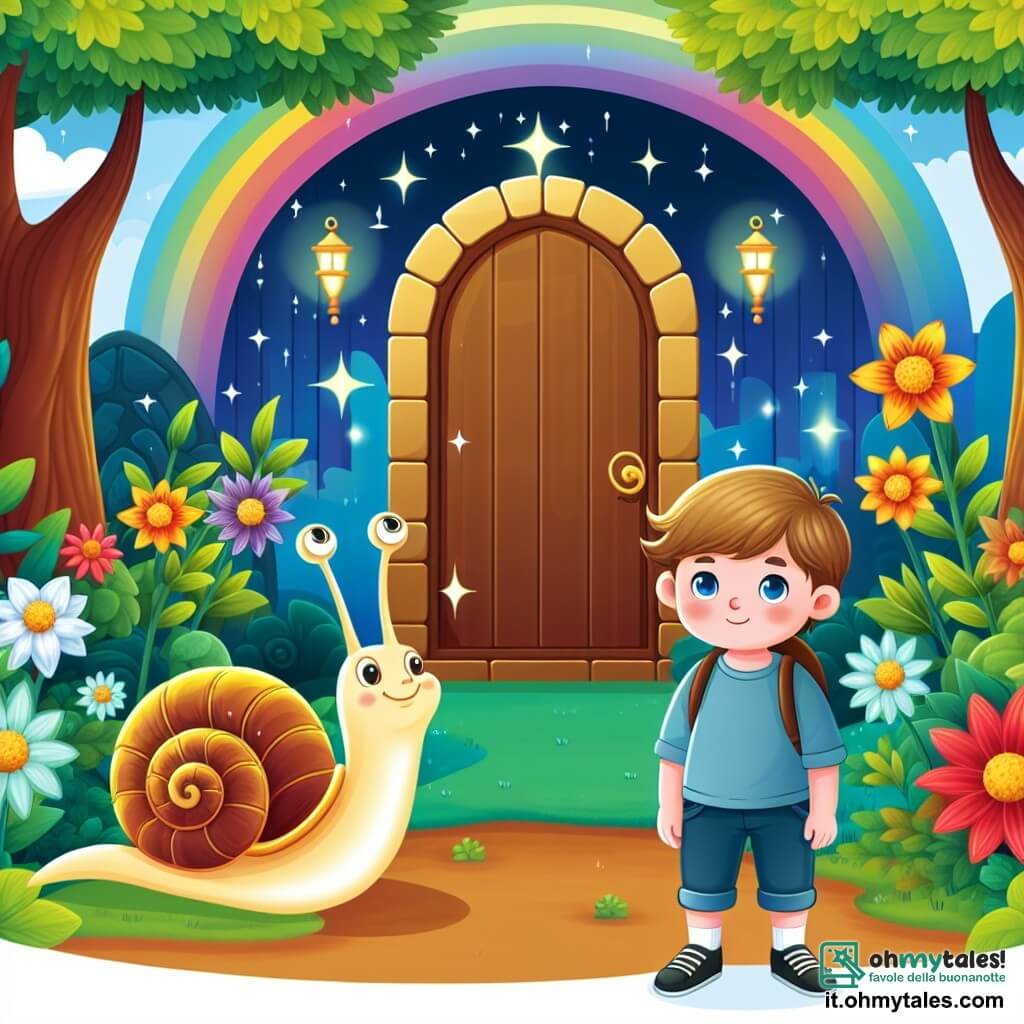 Une illustration destinée aux enfants représentant un garçon curieux se tenant devant une porte mystérieuse, accompagné d'une lumineuse lumaca sage, dans un jardin enchanté aux fleurs multicolores et aux arbres majestueux.