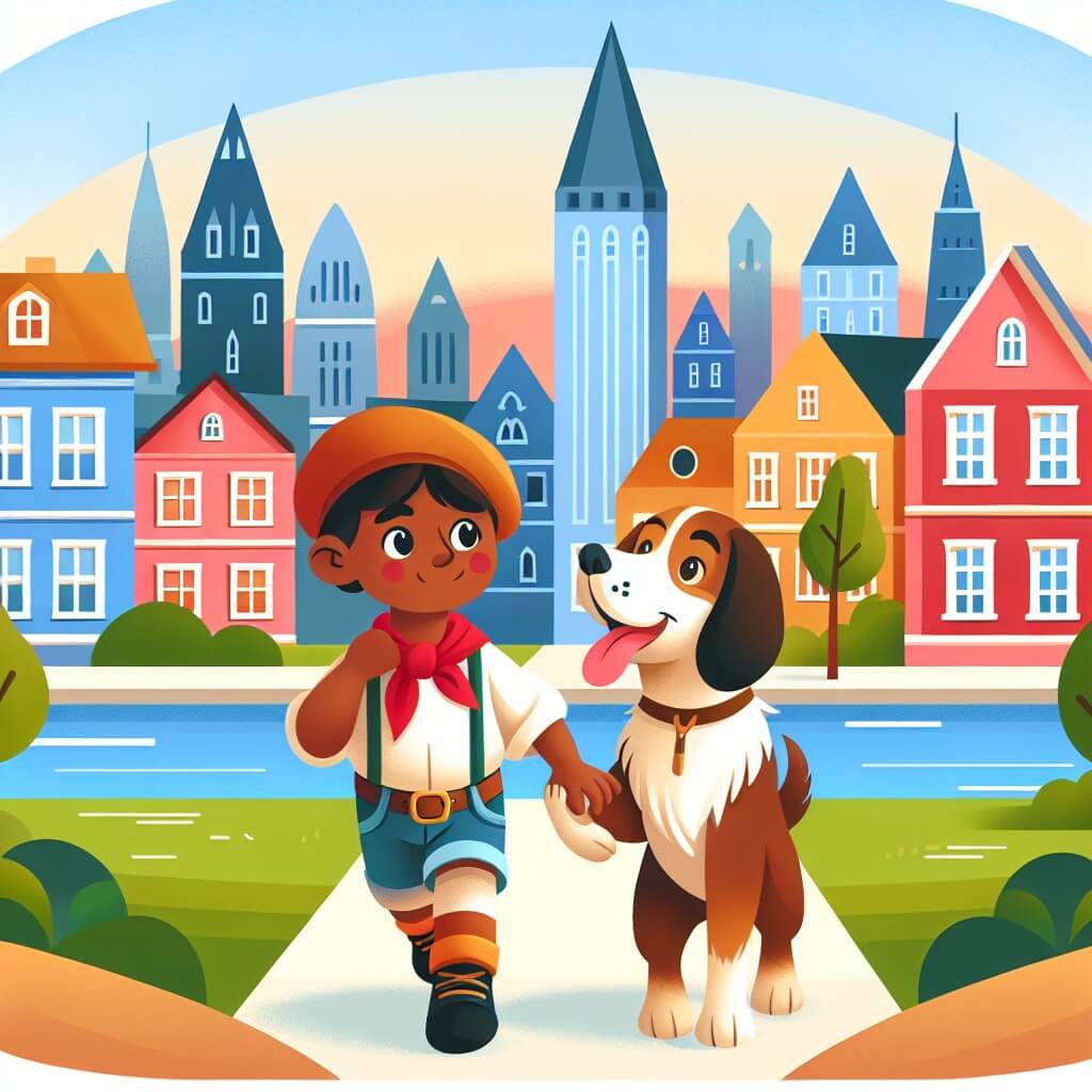 Une illustration destinée aux enfants représentant un jeune garçon courageux faisant face au racisme, accompagné de son fidèle chien, dans une ville multiculturelle aux bâtiments colorés et aux parcs verdoyants.