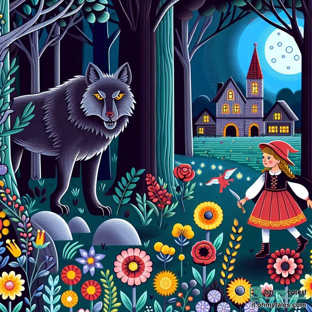Une illustration destinée aux enfants représentant une fillette courageuse confrontée à un grand méchant loup dans une forêt sombre et mystérieuse, accompagnée par un loup malicieux aux yeux brillants, dans un village entouré de prairies colorées et de fleurs enchantées.