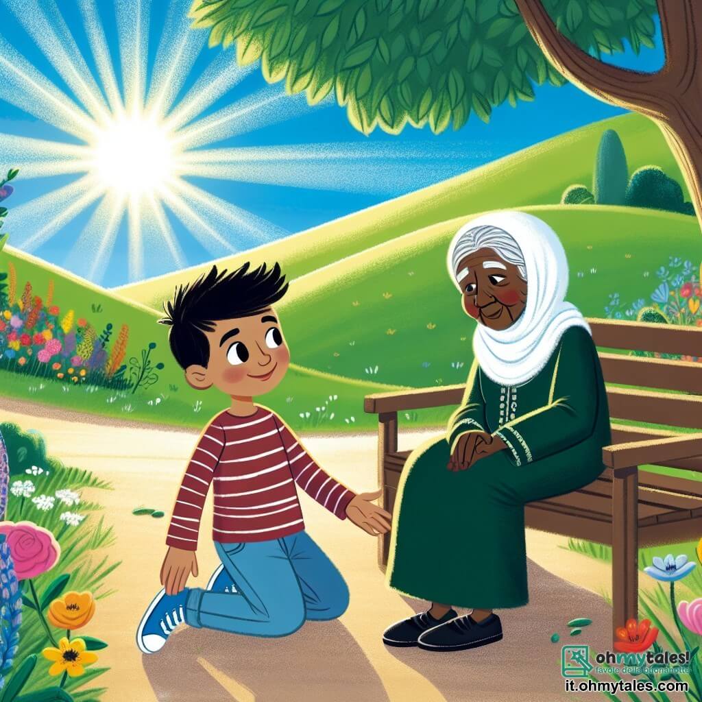 Une illustration destinée aux enfants représentant un garçon curieux et plein d'empathie découvrant la force de l'amitié et de la solidarité lorsqu'il rencontre une gentille vieille dame assise sur un banc, entourés de collines verdoyantes et de fleurs colorées dans un parc ensoleillé.