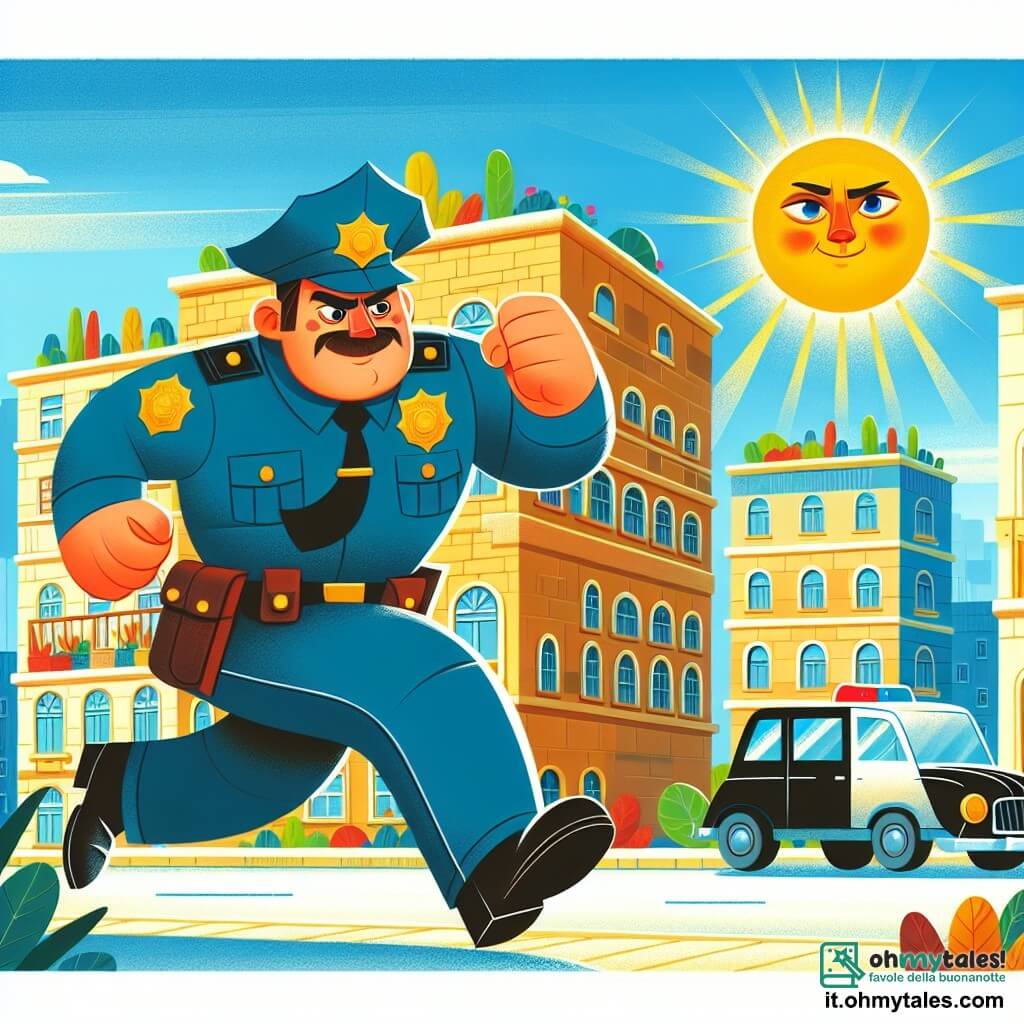 Une illustration destinée aux enfants représentant un policier robuste et bienveillant poursuivant un voleur dans les rues colorées et animées de la ville ensoleillée.