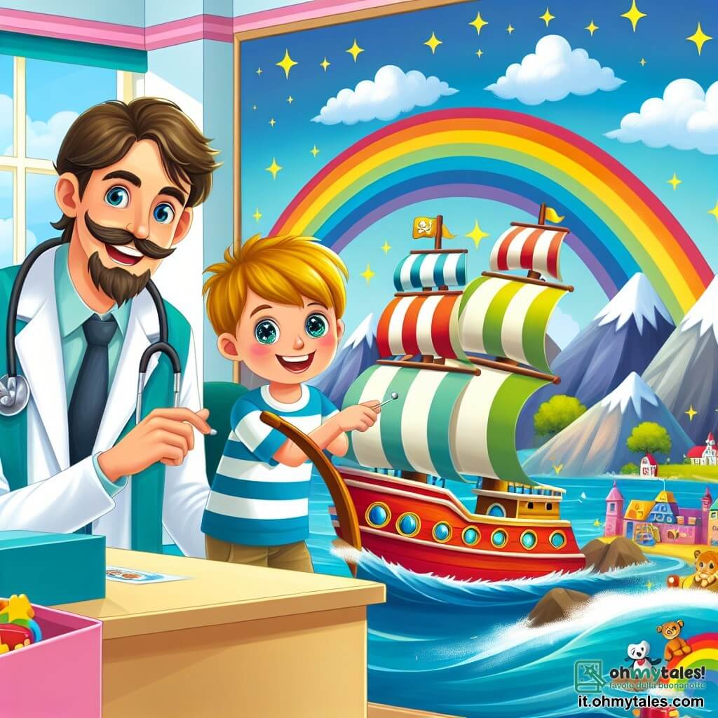 Une illustration destinée aux enfants représentant un médecin homme au grand sourire, accompagné d'un garçon aux yeux brillants, naviguant sur une grande et colorée navire pirate à travers un océan de montagnes et d'arc-en-ciel, dans un hôpital lumineux et accogliente rempli de jouets et de peintures joyeuses.