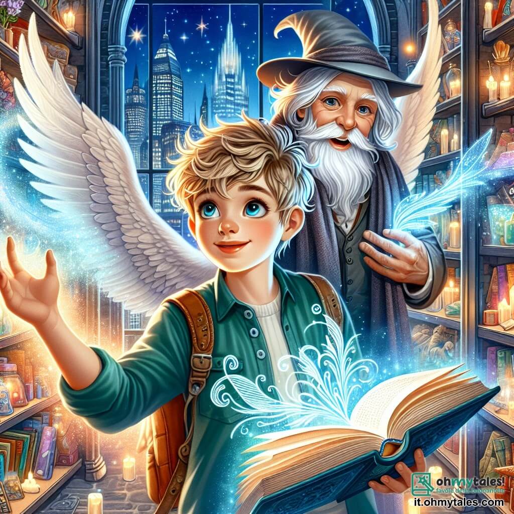 Une illustration destinée aux enfants représentant un garçon aux cheveux ébouriffés, tenant un livre magique brillant, volant avec une aile d'argent dans un ciel étoilé, accompagné d'un vieux sorcier au sourire mystérieux, dans un magasin de jouets enchanté aux étagères remplies d'objets fantastiques, situé dans une ville moderne illuminée par les lumières des bâtiments hauts et colorés.