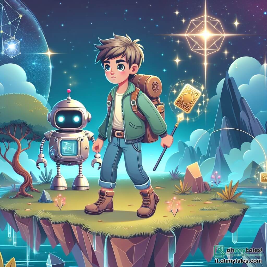 Une illustration destinée aux enfants représentant un jeune aventurier des temps futuristes, doté d'un esprit vif et d'yeux scintillants, se trouvant sur une île magique et futuriste, accompagné d'un robot au cœur tendre, à la recherche de cartes d'or pour aider sa famille dans un monde dominé par la technologie.