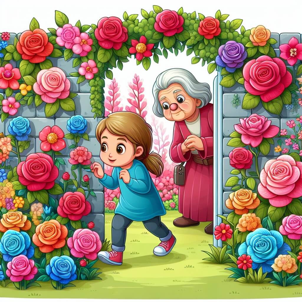 Une illustration destinée aux enfants représentant une jeune fille curieuse et pleine d'aventures, découvrant un jardin secret rempli de fleurs multicolores, accompagnée d'une charmante grand-mère qui veille sur ce lieu magique, situé derrière un mur de roses.