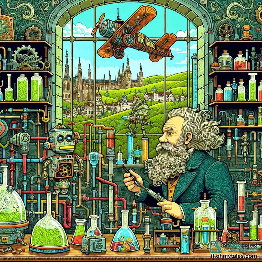 Une illustration destinée aux enfants représentant un inventeur barbu et excentrique, accompagné d'un petit robot volant, dans son laboratoire rempli de tuyaux colorés et d'étagères remplies d'objets étranges, situé au sommet d'une colline verdoyante surplombant une ville animée.