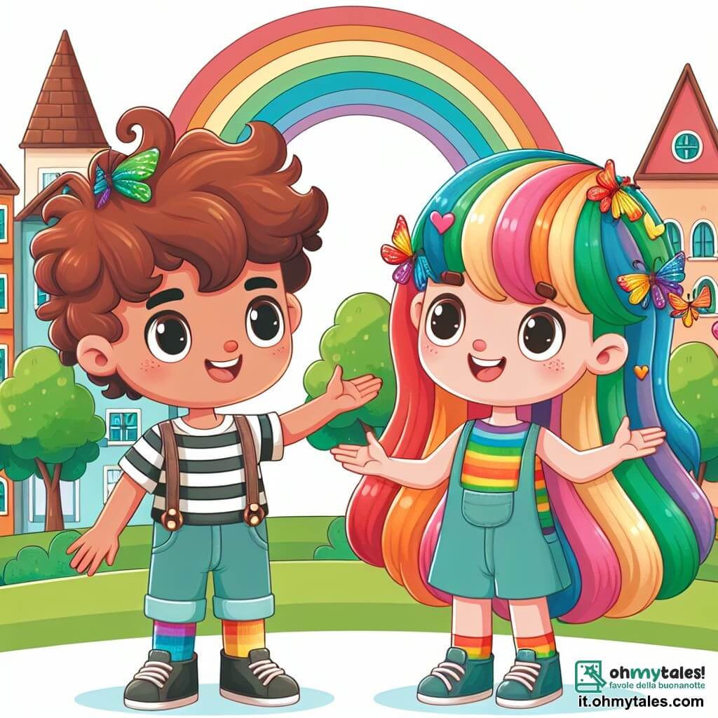 Une illustration destinée aux enfants représentant un garçon aux cheveux ricci castani, une nouvelle amitié avec une fille aux cheveux arc-en-ciel, dans la pittoresque ville de Cascinetta avec ses maisons colorées et son parc verdoyant.