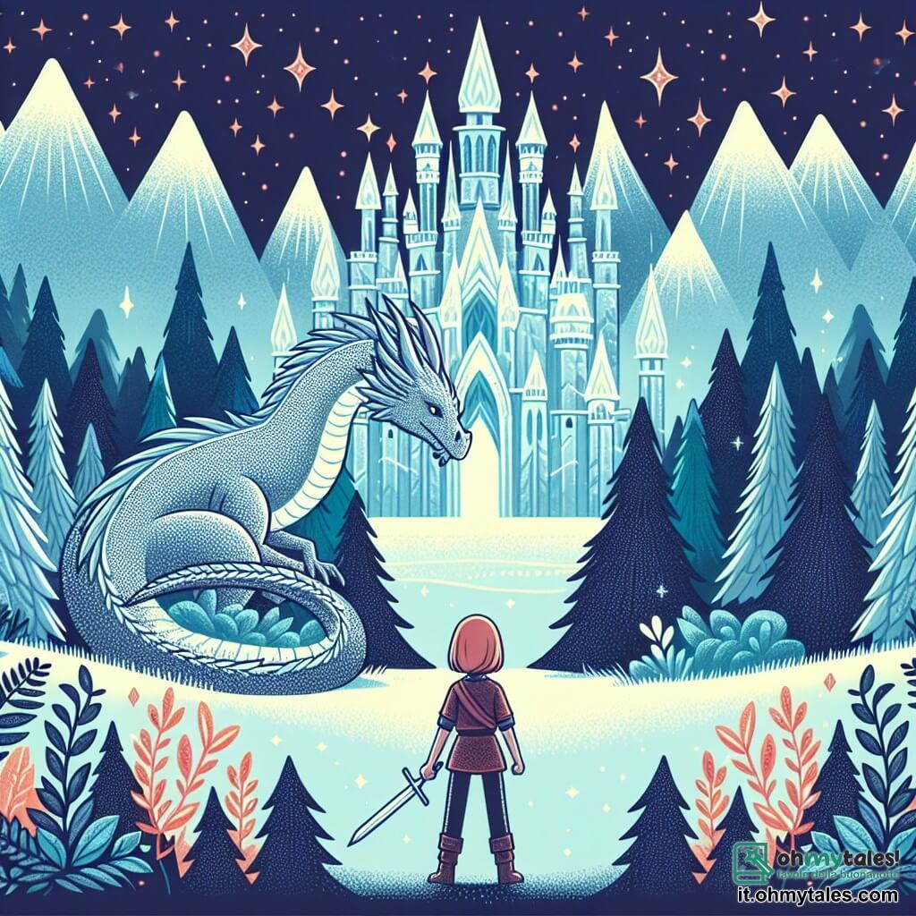 Une illustration destinée aux enfants représentant une jeune fille courageuse se trouvant face à un dragon majestueux dans un château de cristal étincelant au cœur d'une forêt enchantée.