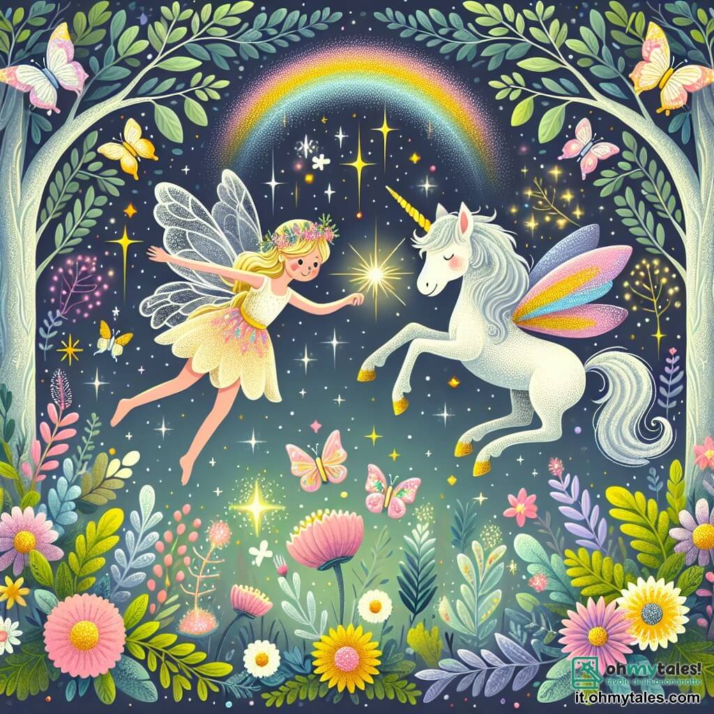 Une illustration destinée aux enfants représentant une fée étincelante, qui fait la rencontre d'une licorne magique, dans une forêt enchantée remplie de fleurs colorées, d'arbres majestueux et de papillons brillants.