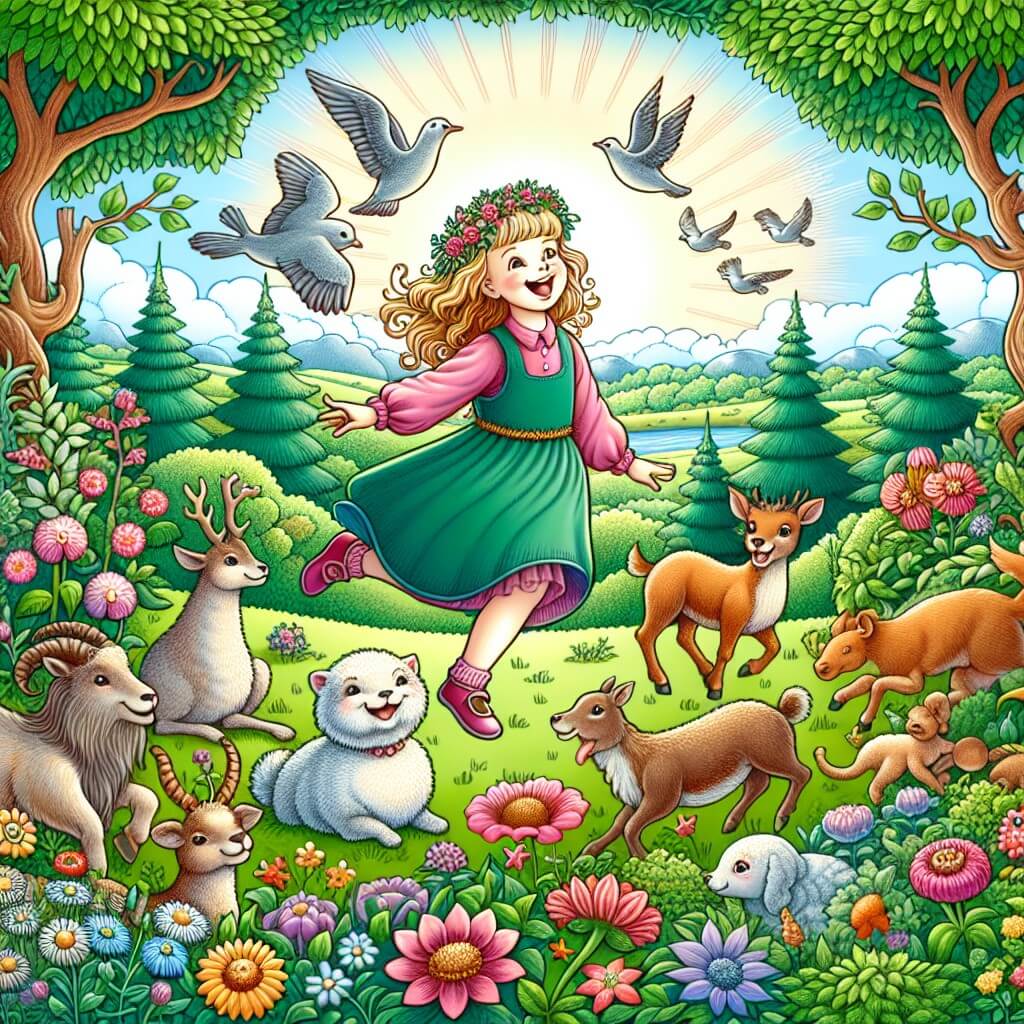 Une illustration destinée aux enfants représentant une jeune fille pleine de vie, entourée d'animaux souriants, dans un jardin luxuriant rempli de fleurs colorées et d'arbres majestueux, symbolisant la beauté de la nature et son lien étroit avec les êtres vivants.