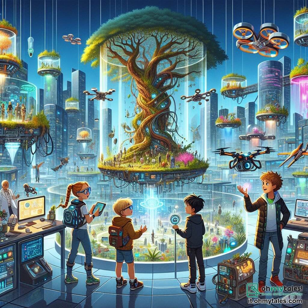 Illustrazione che rappresenta un quartiere futuristico vibrante di vita, con edifici in vetro scintillante e parchi sospesi pieni di piante colorate. Al centro, un grande albero di quercia, maestoso e antico, contrasta con l'architettura moderna che lo circonda. Un ragazzo di nove anni, con i capelli castani arruffati e occhi brillanti di curiosità, porta uno zaino interattivo sulla schiena. Accanto a lui, una ragazza della sua età, con i capelli biondi intrecciati e occhiali protettivi, tiene un piccolo gadget luminoso che ha creato. Un altro ragazzo, con capelli neri e un sorriso malizioso, guarda uno schermo olografico, mentre una ragazza con capelli ricci e una piccola pianta tra le mani osserva attentamente le dimostrazioni tecnologiche. La scena mostra i bambini affascinati da una grande cupola trasparente dove ingegneri lavorano su un progetto di teletrasporto, circondati da macchine futuristiche che emettono luci colorate. Droni fluttuano nell'aria, trasportando oggetti, mentre pannelli olografici mostrano informazioni sulle ultime invenzioni. L'atmosfera è piena di eccitazione e scoperte, illustrando lo spirito di avventura e innovazione che regna in questa città futuristica.