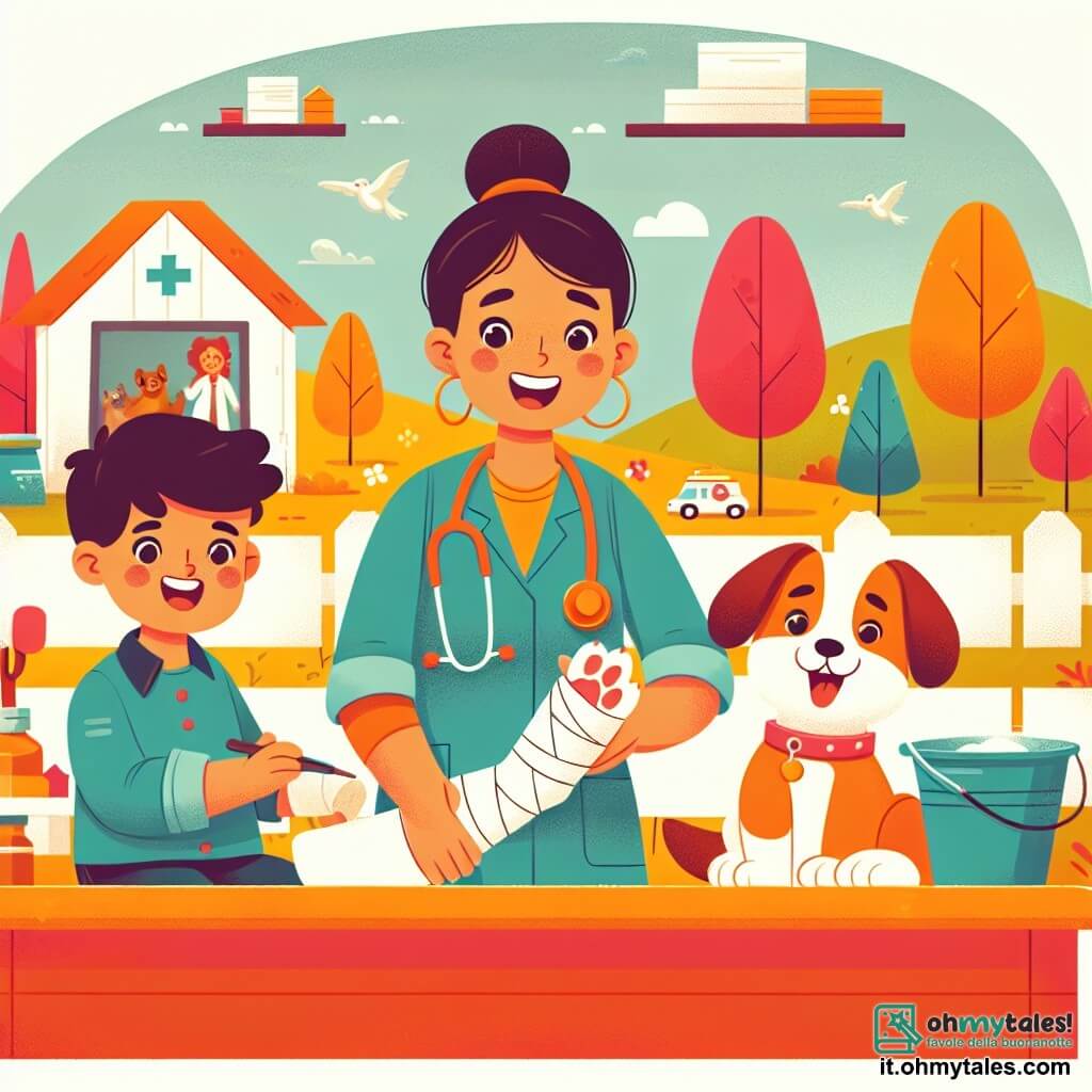Une illustration destinée aux enfants représentant une jeune femme vétérinaire, une fillette et un garçonnet, dans une clinique vétérinaire chaleureuse et colorée de Campagnola, où un chien joyeux reçoit une ingénieuse ingessatura artistica sur sa patte zoppa.