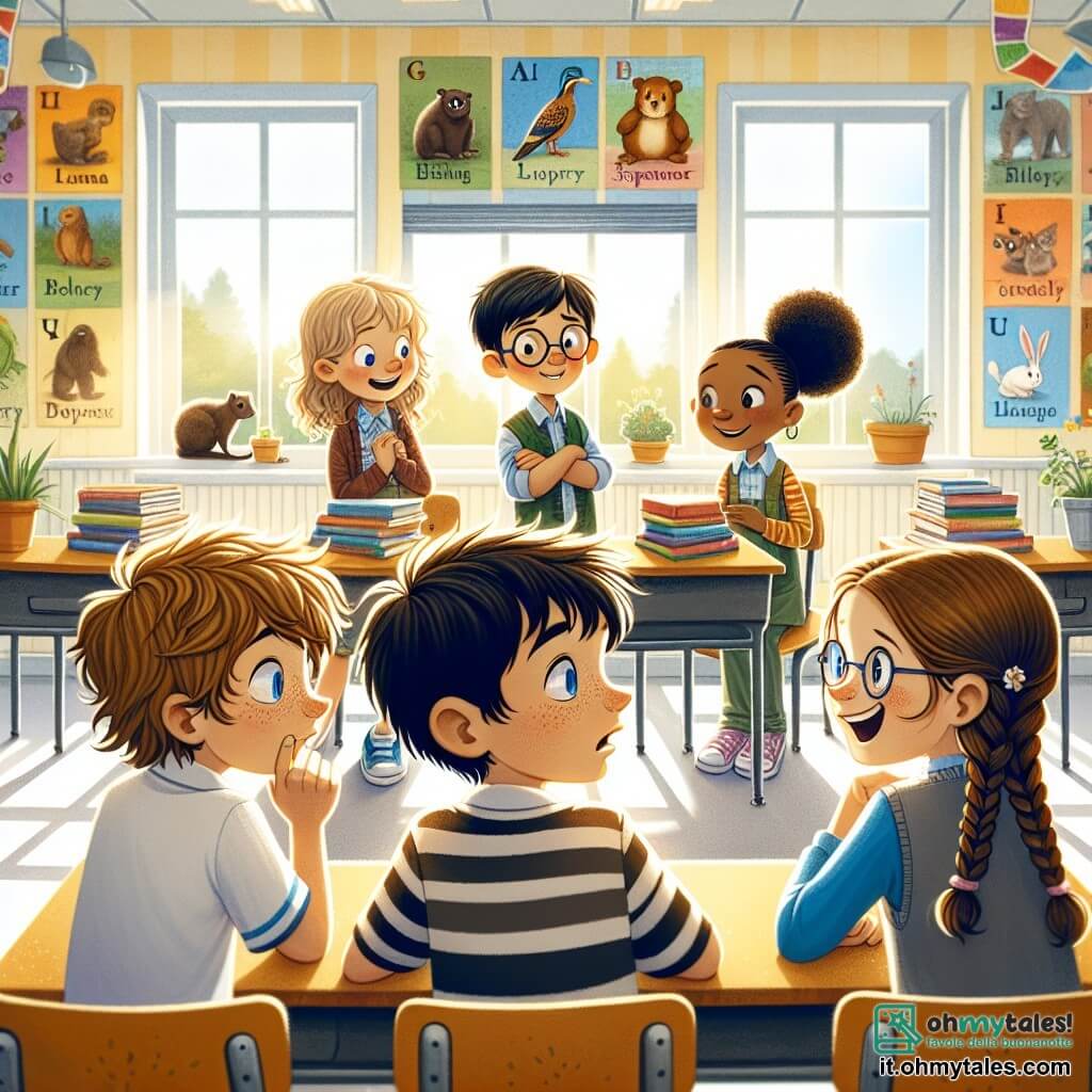 Illustrazione che rappresenta una scena in un'aula luminosa e accogliente, con pareti dipinte di giallo chiaro e finestre che lasciano entrare la luce del sole. Poster colorati sui muri mostrano animali e lettere dell'alfabeto. Al centro, un gruppo di quattro bambini si riunisce attorno a un banco, ognuno esprimendo emozioni diverse. Un ragazzo di 11 anni, con i capelli castani disordinati e occhi scintillanti di curiosità, guarda i suoi amici con un'espressione preoccupata. Accanto a lui, una ragazza di 11 anni, con lunghi capelli biondi, sorride incoraggiante, i suoi occhi brillano di amicizia. Un altro ragazzo, sempre di 11 anni, ha capelli neri e occhiali, sembra scettico, con le braccia incrociate, mentre osserva il suo amico. Infine, una ragazza di 11 anni, con capelli castani e trecce, osserva la scena con un'espressione seria, pronta a sostenere il suo amico. La situazione principale mostra il ragazzo che confessa di aver mentito ai suoi amici riguardo a un progetto scolastico. Gli altri bambini lo ascoltano attentamente, illustrando l'importanza dell'onestà e della fiducia nella loro amicizia. Sullo sfondo, i banchi sono pieni di libri aperti e fogli di carta, simboleggiando l'apprendimento e la collaborazione. Raggi di sole filtrano attraverso le finestre, creando un'atmosfera calda e incoraggiante.
