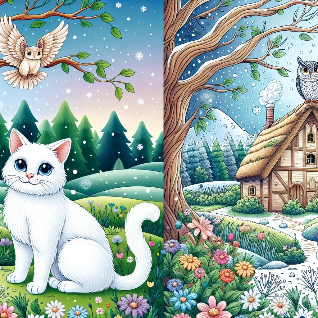 Une illustration destinée aux enfants représentant un chat au pelage blanc comme la neige, se trouvant dans une vieille ferme entourée de champs verdoyants, avec pour seul compagnon un vieux hibou sage, dans le royaume enchanté de la Reine des Fées.