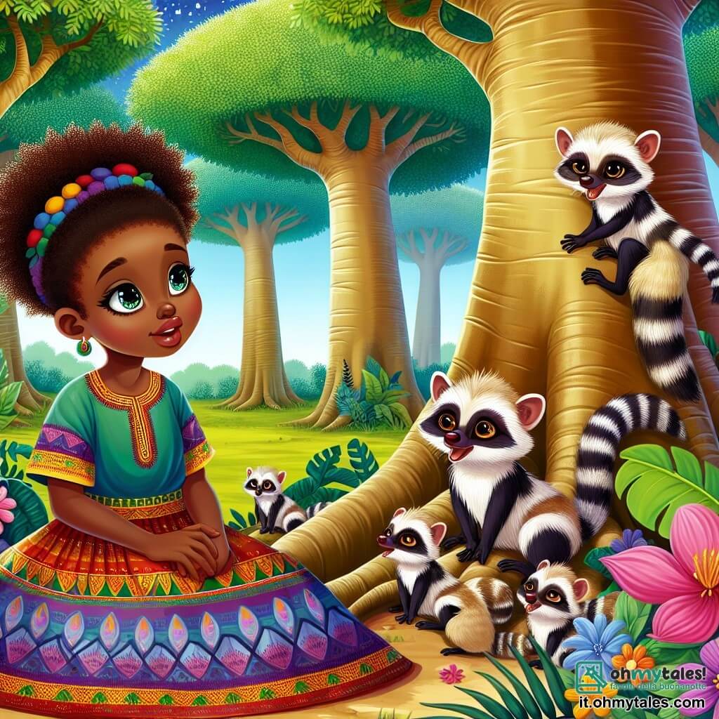 Une illustration sous forme de dessin destinée aux enfants représentant une forêt vibrante et colorée, avec des arbres majestueux aux feuilles verdoyantes et des fleurs éclatantes, où une jeune femme au teint chocolaté et aux yeux brillants, vêtue d'une robe traditionnelle colorée, s'assoit sous un grand baobab, en train d'écouter attentivement une petite scie dorée qui lui parle, tandis qu'un groupe de joyeuses scies aux pelages variés, aux yeux malicieux, joue dans les branches au-dessus d'elle, illustrant le moment où elle apprend l'importance de l'harmonie avec la nature.