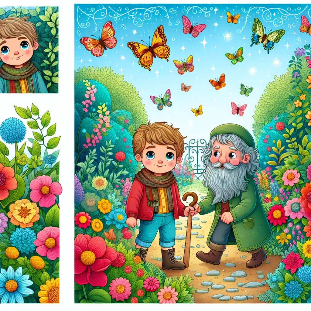 Une illustration destinée aux enfants représentant un jeune garçon curieux découvrant un jardin printanier magique, accompagné d'un sage jardinier, dans un lieu où des fleurs colorées s'étendent à perte de vue, avec des papillons virevoltant joyeusement dans l'air.