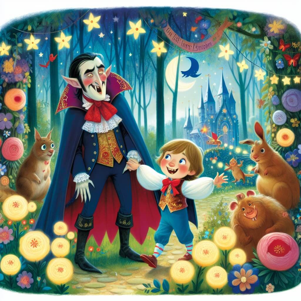 Une illustration destinée aux enfants représentant un vampire rigolo, accompagné d'un petit garçon curieux, dans une forêt enchantée remplie de fleurs lumineuses et d'animaux rigolos.