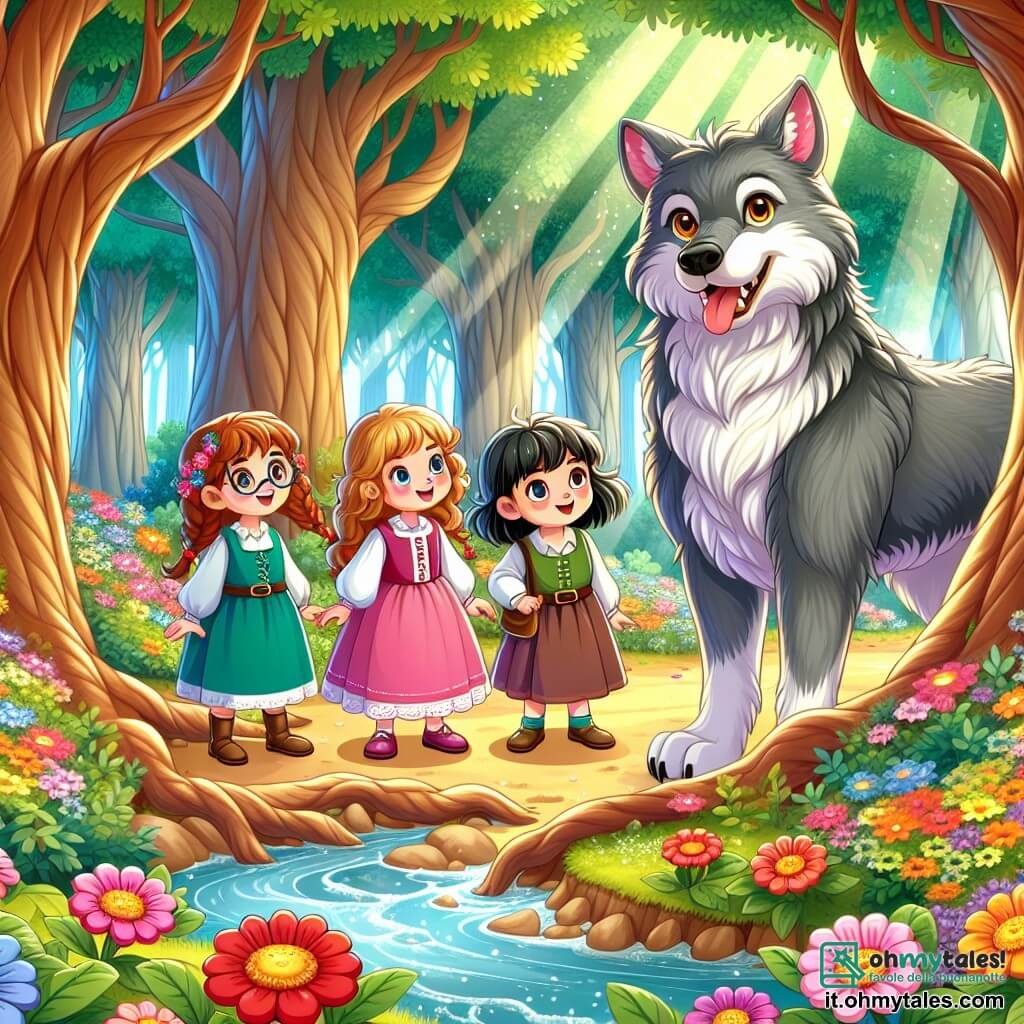 Illustrazione che rappresenta un magnifico boschetto incantato, dove grandi alberi dai tronchi spessi si ergono verso il cielo, le loro foglie brillanti scintillano sotto i raggi del sole. Fiori colorati, dai petali vivaci, ricoprono il terreno, mentre un dolce ruscello serpeggia tra le radici degli alberi, aggiungendo un tocco di magia all'ambiente. Al centro della scena, quattro bambine di circa 8 anni sono riunite. Una di loro, con capelli castani e occhiali, indossa un vestito rosa e sorride felicemente. Accanto a lei, un'altra bambina, dai capelli biondi e ricci, è vestita con una tunica blu e sembra curiosa. La terza, con capelli neri e una treccia, indossa una maglietta verde e guarda con meraviglia. L'ultima, con capelli castani e una piccola treccia, è leggermente in disparte, ma il suo viso esprime determinazione. Di fronte a loro si trova un grande lupo grigio, dal pelo setoso, con occhi brillanti ed espressivi. Sembra amichevole, leggermente inclinato in avanti, come se cercasse di rassicurare le bambine. La situazione principale mostra le ragazze che discutono con il lupo, un sorriso sui loro volti, mentre gli tendono la mano, pronte ad aiutarlo a ritrovare il suo amico. Raggi di luce filtrano attraverso le foglie, creando un'atmosfera calda e accogliente, simbolo di amicizia e comprensione.