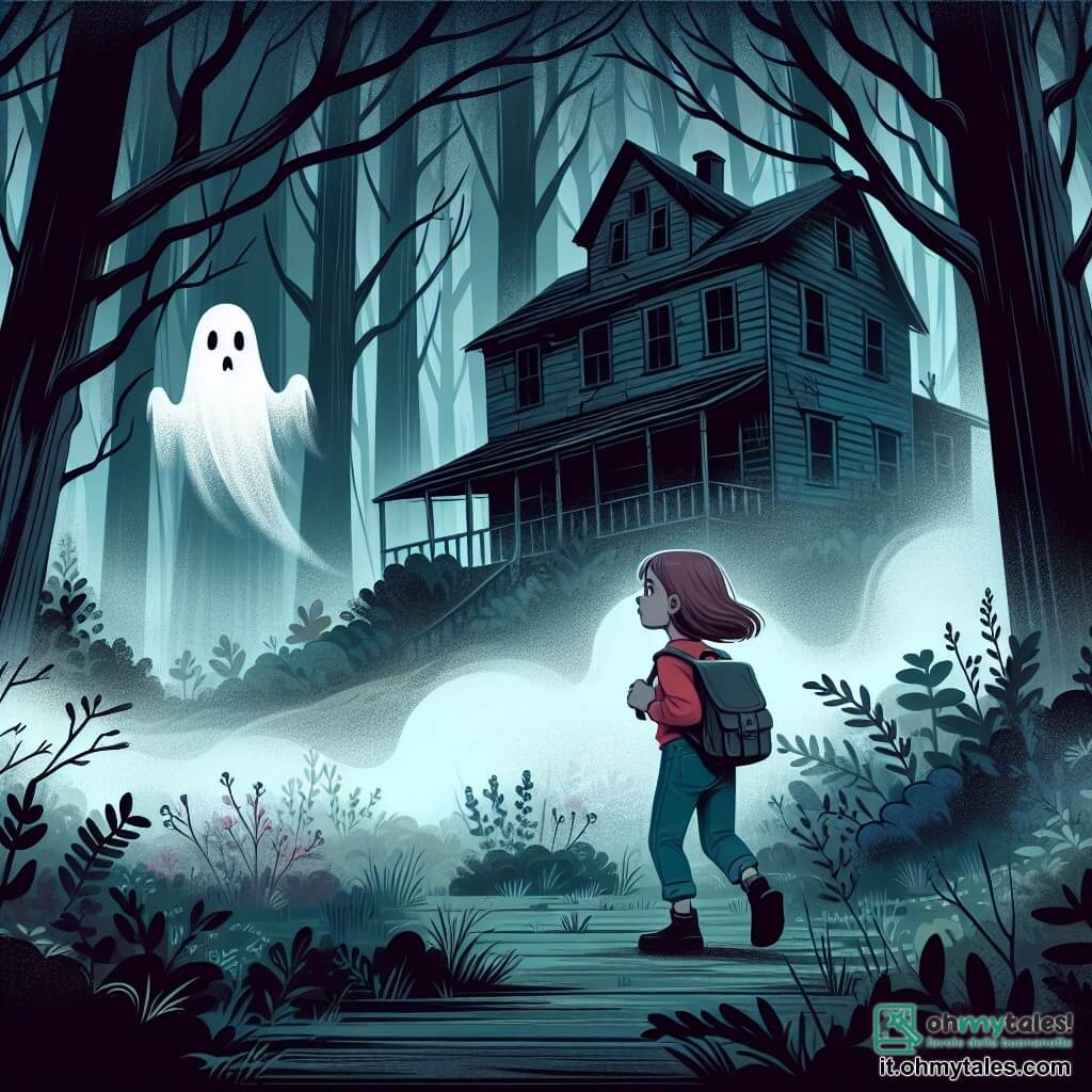 Une illustration destinée aux enfants représentant une jeune fille courageuse explorant une maison abandonnée hantée par un fantôme enfant, dans une forêt sombre et mystérieuse enveloppée de brume épaisse.