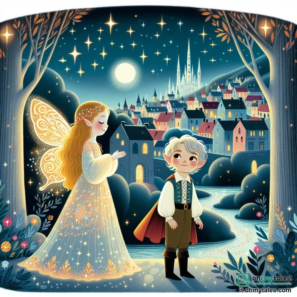 Une illustration destinée aux enfants représentant un petit vampire garçon émerveillé par la beauté des étoiles, accompagné d'une douce fée aux ailes scintillantes, dans la magique ville de Lunastra, où les arbres brillent de mille couleurs et les ruisseaux murmurent des secrets enchantés.