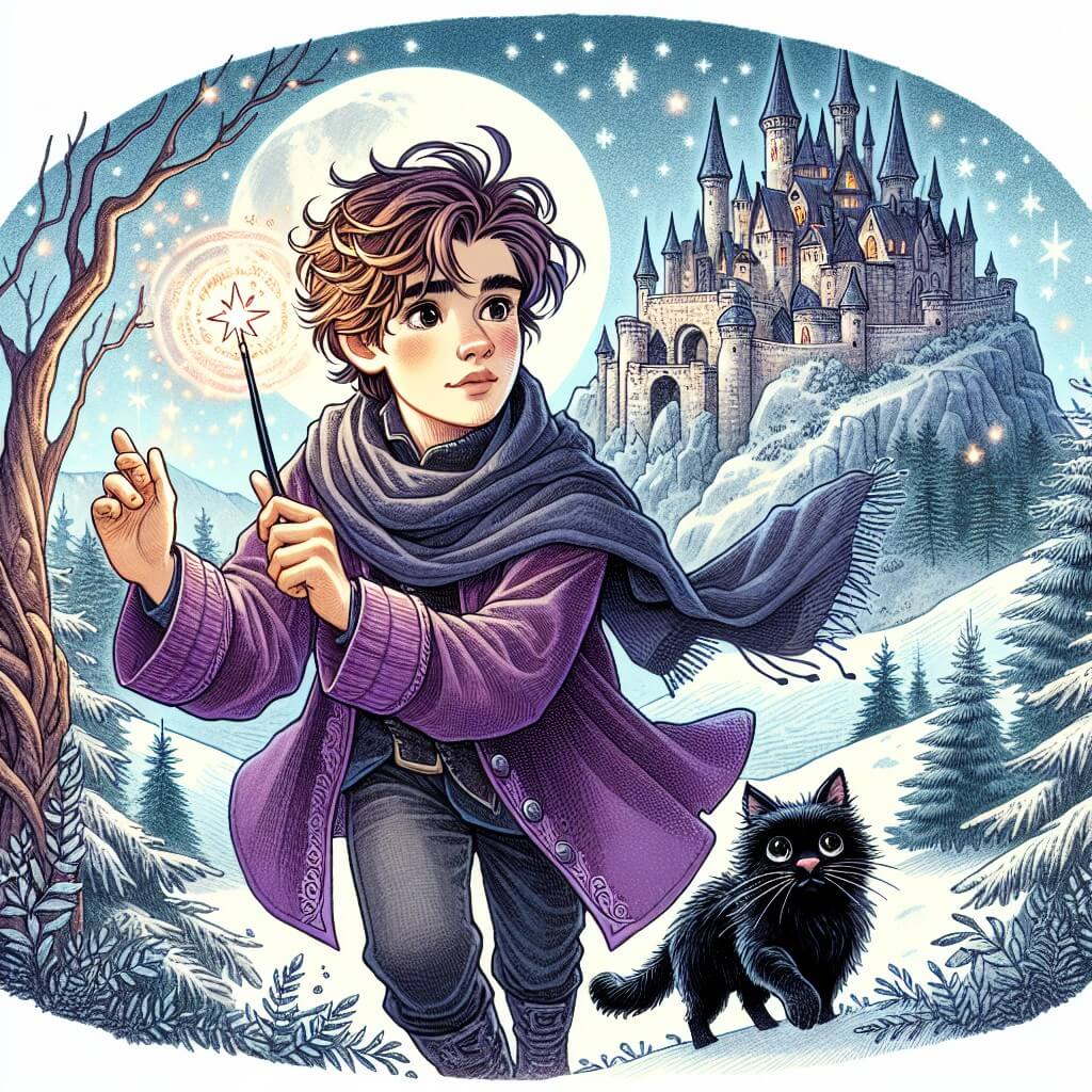 Une illustration destinée aux enfants représentant un jeune apprenti sorcier aux cheveux ébouriffés, vêtu d'une robe violette et tenant une baguette magique dans une main, alors qu'il explore un ancien château ensorcelé situé au sommet d'une montagne enneigée, accompagné de son fidèle familier, un chat noir aux yeux brillants.