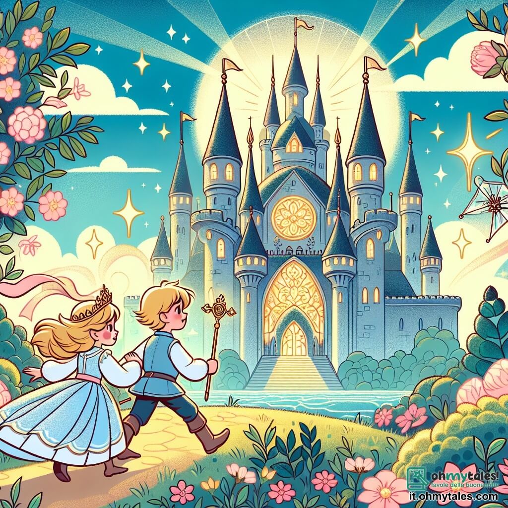 Une illustration destinée aux enfants représentant un jeune prince courageux, accompagné d'une princesse intrépide, explorant un château enchanté aux tours scintillantes et aux jardins fleuris, dans un royaume magique et lointain.