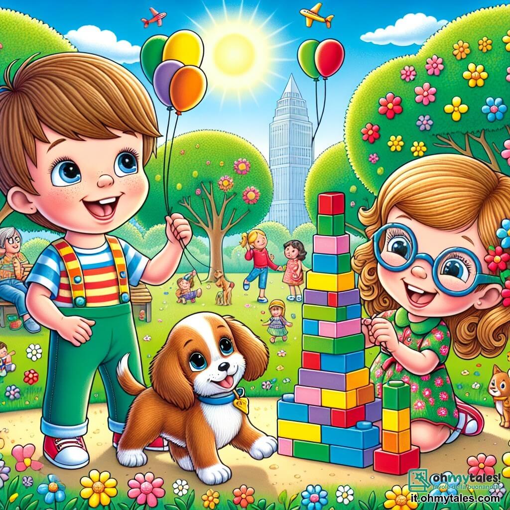 Illustrazione che rappresenta un parco soleggiato, con alberi verdi e fiori colorati che danzano sotto la leggera brezza. Al centro, un ragazzo di sette anni, con capelli castani e occhi blu scintillanti, sorride mentre gioca con un piccolo cane dal pelo dorato, che corre felicemente attorno a lui. Accanto, una ragazza della sua età, con capelli ricci e occhiali, ride mentre costruisce una torre di blocchi colorati. La scena cattura un momento di felicità condivisa, in cui i bambini si divertono insieme, simboleggiando l'amicizia e il sostegno nei momenti difficili. Sullo sfondo, si vedono altri bambini che giocano, genitori seduti su panchine e un cielo blu punteggiato di nuvole bianche, creando un'atmosfera calda e accogliente. Palloncini colorati fluttuano nell'aria, aggiungendo un tocco di festa e gioia a quest'illustrazione.
