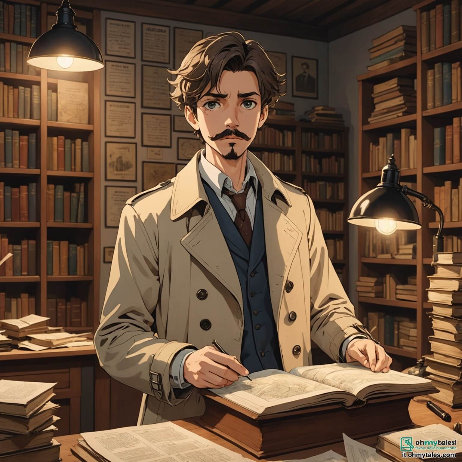 Une illustration destinée aux enfants représentant un homme au regard perçant et à la moustache soignée, vêtu d'un trench-coat beige, se tenant dans un bureau encombré de livres anciens et de cartes mystérieuses, où la lumière douce d'une lampe éclaire des notes éparpillées sur un bureau en bois, tandis qu'un garçon aux cheveux ébouriffés, plein d'enthousiasme, l'observe avec des yeux brillants, alors qu'ils tentent de résoudre le mystère d'un trésor disparu dans un village pittoresque entouré de montagnes verdoyantes et de forêts denses.