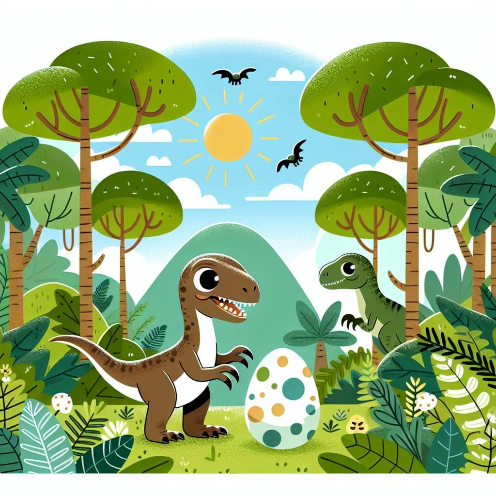 Une illustration destinée aux enfants représentant un vélociraptor curieux et vivace, qui fait la découverte d'un mystérieux œuf de dinosaure dans une dense forêt de la vallée, entouré d'arbres immenses et de plantes luxuriantes, tandis que le soleil brille haut dans le ciel bleu.