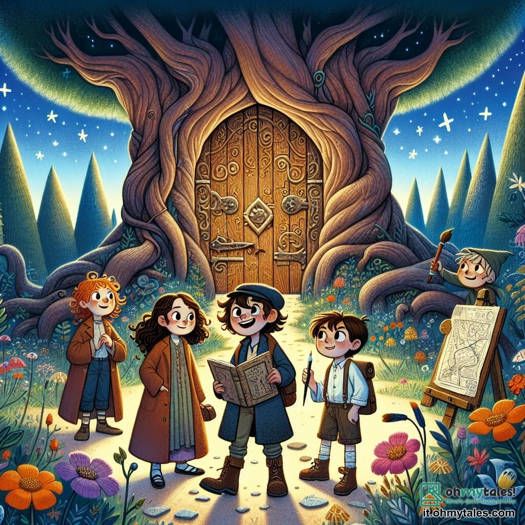 Illustrazione che rappresenta un grande albero secolare con un tronco nodoso e rami estesi, la cui porta in legno intagliato si apre su un mondo incantato. Il terreno è coperto di foglie colorate e fiori dai toni vivaci danzano al vento, mentre un cielo blu profondo è punteggiato da nuvole dalle forme strane. In primo piano, un ragazzo di circa 10 anni, con capelli ricci e occhi brillanti di curiosità, si trova davanti alla porta, con un sorriso di eccitazione sul volto. Accanto a lui, una ragazza di 9 anni, con capelli lunghi e castani, mostra un'espressione determinata, pronta a entrare nell'ignoto. Un altro ragazzo, leggermente più grande, con capelli corti e un berretto, tiene una mappa disegnata a mano, mentre una piccola ragazza con capelli intrecciati, con un pennello e un taccuino, osserva i dintorni con meraviglia. La scena cattura il momento in cui i bambini, riuniti attorno alla porta misteriosa, si preparano a entrare in un mondo magico, pieni di entusiasmo e apprensione. Sullo sfondo, ombre inquietanti si delineano tra gli alberi, aggiungendo un tocco di mistero all'illustrazione, mentre stelle scintillanti iniziano a comparire nel cielo, simboleggiando l'avventura che li attende.