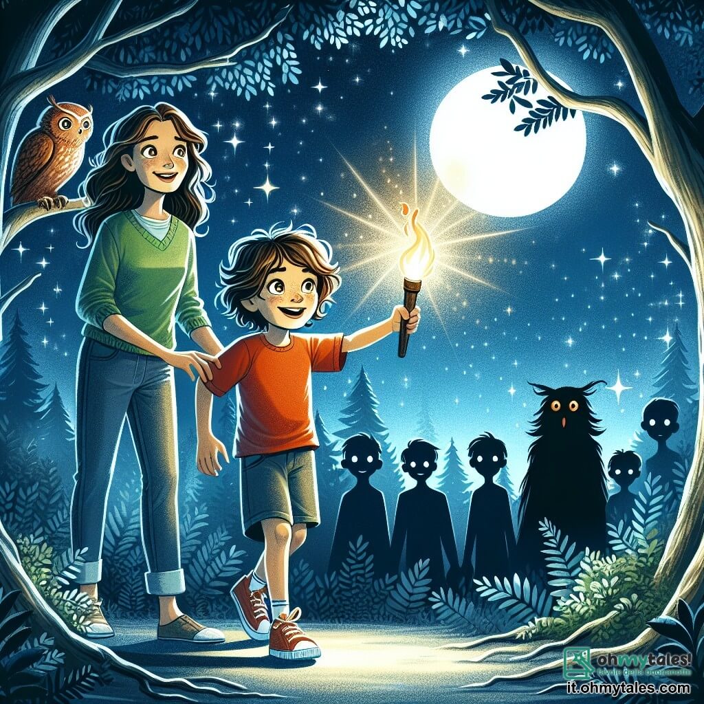 Illustrazione che rappresenta una scena notturna in una foresta incantata, dove la luna brilla intensamente, illuminando gli alberi con foglie scintillanti come diamanti. In primo piano, un ragazzo di 11 anni, con i capelli castani arruffati e gli occhi pieni di curiosità, tiene una torcia che proietta una luce calda e rassicurante. Indossa una maglietta colorata e pantaloni corti, mostrando un'espressione di eccitazione e determinazione, pronto a esplorare l'oscurità. Accanto a lui, una donna di circa trent'anni, con lunghi capelli ondulati, sorride con tenerezza, indossando un maglione comodo e jeans. Si tiene leggermente in disparte, con un'aria incoraggiante, pronta a sostenere il giovane nella sua avventura. La scena principale mostra il ragazzo mentre punta la torcia verso un'ombra intrigante proiettata sul terreno, trasformando la sua paura in curiosità. Silhouette di animali notturni, come gufi e lucciole, aggiungono un tocco magico all'ambiente. Sullo sfondo, gli alberi si ergono maestosi, creando un'atmosfera misteriosa, mentre le stelle brillano nel cielo scuro, evocando un senso di meraviglia e avventura.