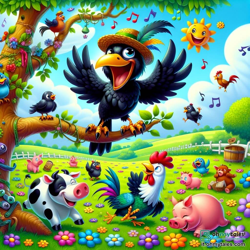 Illustrazione che rappresenta una scena gioiosa in un campo verdeggiante, punteggiato di fiori colorati e di un grande albero con rami estesi, sotto un cielo blu splendente. Al centro, un corvo dispettoso, con un piumaggio nero lucido e occhi brillanti di malizia, si trova su un ramo, ridendo a crepapelle mentre tiene un piccolo cappello di paglia sulla testa. Intorno a lui, diversi animali della fattoria, come una mucca maculata di bianco e nero che danza con entusiasmo, un maiale rosa che si rotola nel fango, e un gallo con piume sgargianti che cerca di cantare, ma emette un suono strano. La scena trasmette un'atmosfera di festa e di camaraderie, con scoppi di risa e movimenti gioiosi, mentre bolle di dialogo colorate fluttuano intorno, illustrando le battute e le risate dei personaggi.