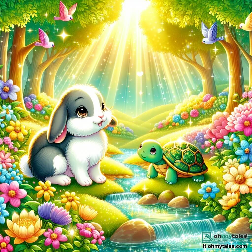 Illustrazione che rappresenta un radura magica in un bosco incantato, bagnata dalla luce dorata del sole. I fiori colorati, con petali brillanti di rosa, giallo e blu, danzano dolcemente al ritmo di una leggera brezza, mentre un ruscello scintillante si snoda attraverso il paesaggio verdeggiante. Al centro della scena, un piccolo coniglio dai peli morbidi e setosi, di colore bianco e grigio, con occhi scintillanti di curiosità, si erge sulle zampe posteriori, ascoltando attentamente il canto melodioso dei fiori. Accanto a lui, una saggia tartaruga, con un guscio verde decorato da motivi dorati, osserva con un sorriso benevolo, i suoi occhi brillanti di saggezza. La scena emana un'atmosfera di gioia e meraviglia, con uccelli colorati che volano sopra e raggi di sole che filtrano tra le foglie degli alberi, creando un quadro incantevole e pieno di vita.