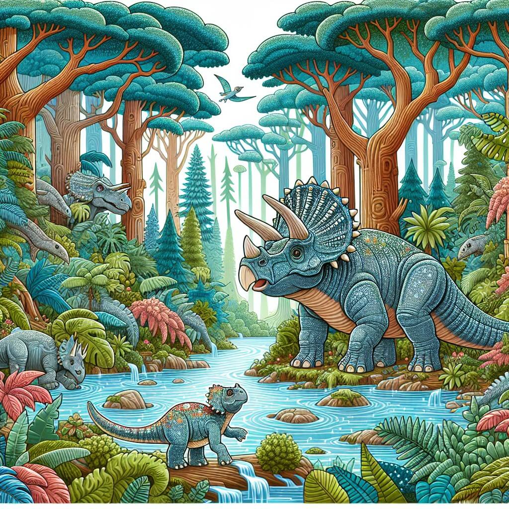 Une illustration destinée aux enfants représentant un tricératops curieux et aventurier, accompagné d'un petit dinosaure perdu, explorant une luxuriante forêt préhistorique remplie d'arbres immenses, de fougères géantes et de ruisseaux scintillants.