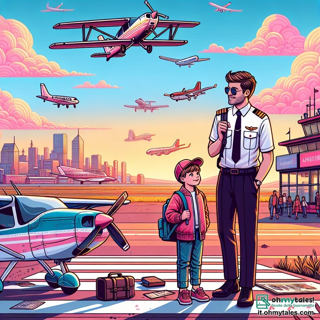 Illustrazione che rappresenta un aeroporto animato all'alba, con aerei colorati allineati sulla pista e nuvole morbide e rosa nel cielo. In primo piano, un uomo in uniforme da pilota, con capelli castani e occhiali da sole, si trova accanto a un piccolo monomotore, mostrando un sorriso sicuro mentre controlla gli strumenti di volo. Accanto a lui, un ragazzo di circa 10 anni, con un cappellino rosso e uno zaino grande, osserva con occhi stupiti, le mani sui fianchi, sognando di diventare pilota. La scena cattura l'eccitazione di un volo imminente, con dettagli come strumenti di aviazione sparsi intorno, pannelli informativi colorati e passeggeri felici che si dirigono verso i loro aerei.