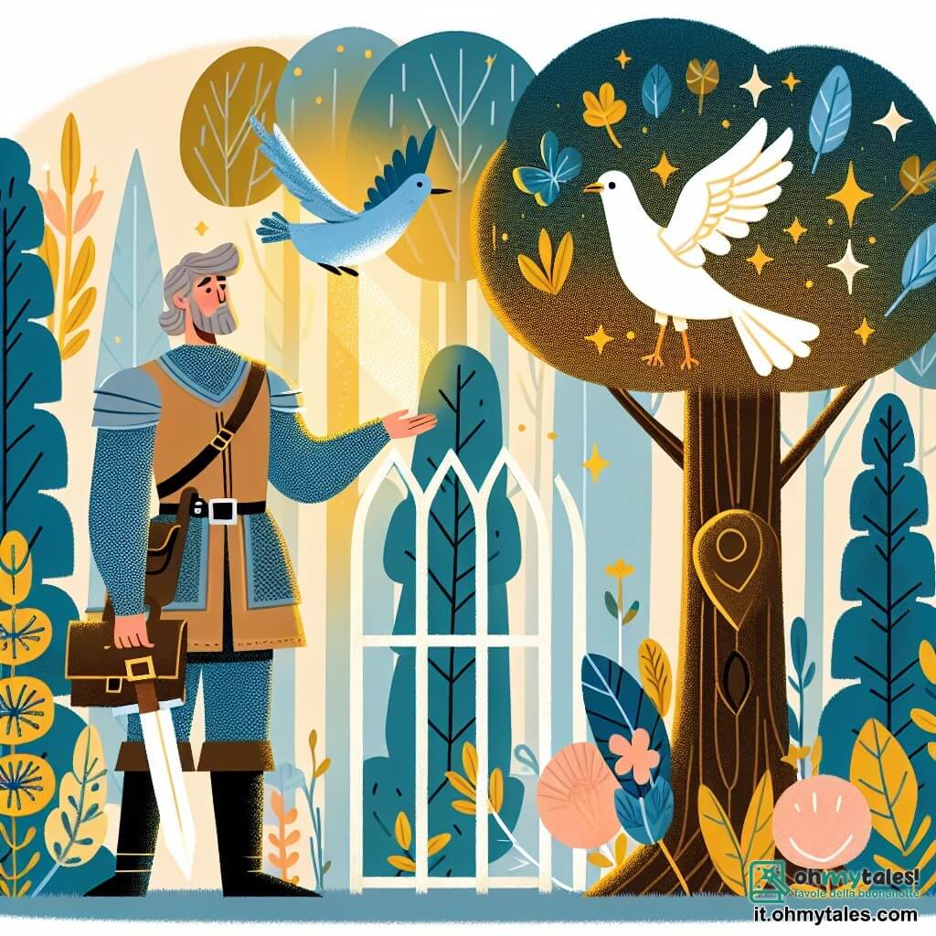 Une illustration destinée aux enfants représentant un chevalier courageux se tenant devant l'Albero dei Desideri dans la foresta incantata, accompagné d'un piccione messaggero et entouré d'alberi maestosi con foglie dorate e fiori incantati.
