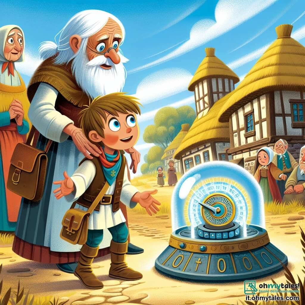 Une illustration destinée aux enfants représentant un petit garçon curieux découvrant une mystérieuse machine à voyager dans le temps, accompagné d'une vieille dame sage, dans un village ancien aux maisons de paglia et aux habitants vêtus de costumes d'époque, sous un ciel bleu et ensoleillé.