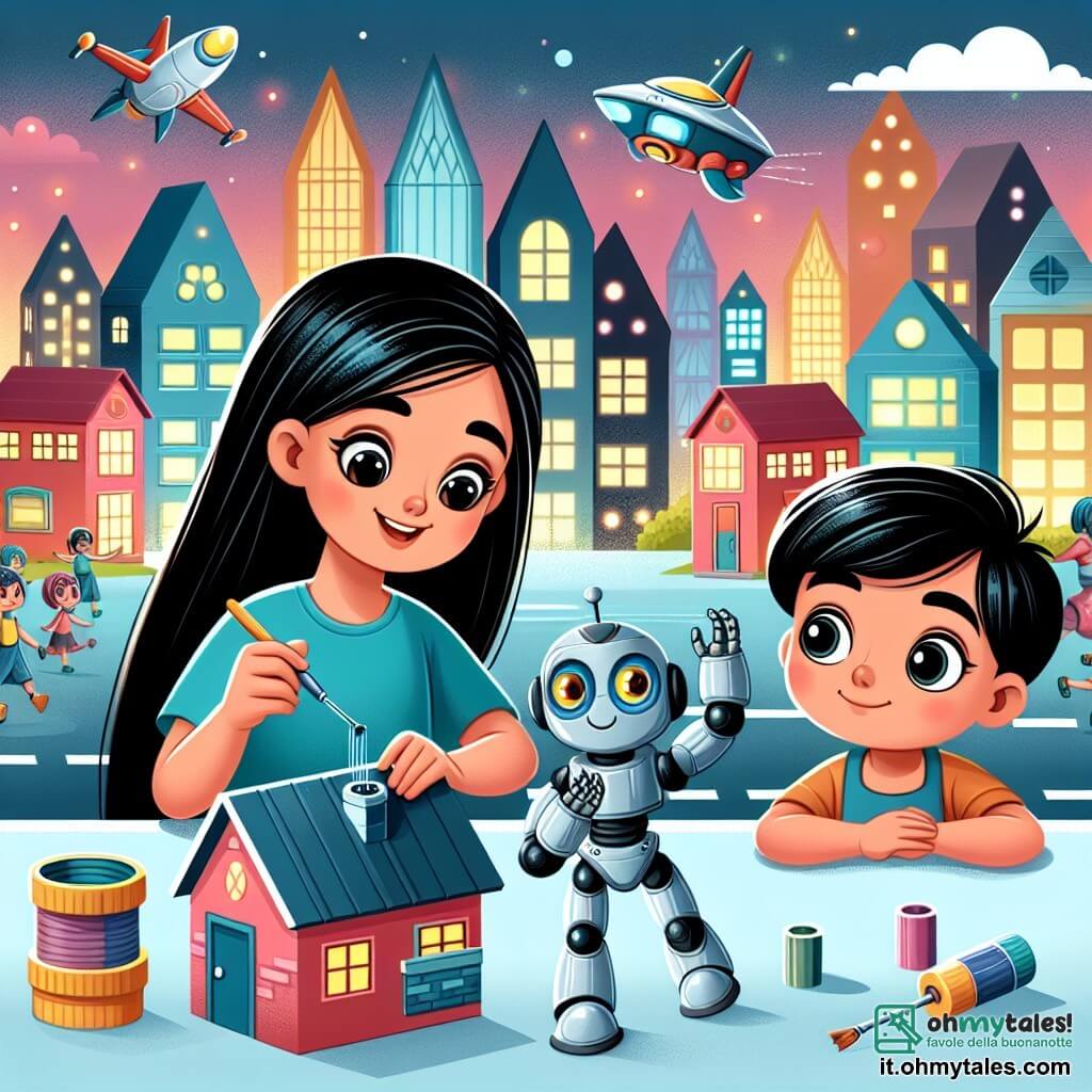 Une illustration destinée aux enfants représentant une petite fille aux longs cheveux noirs, inventant un robot pour promouvoir la coopération, avec un petit garçon aux yeux brillants, dans la ville futuriste de Futuria, où les maisons brillent de lumières colorées et les machines volent dans le ciel.
