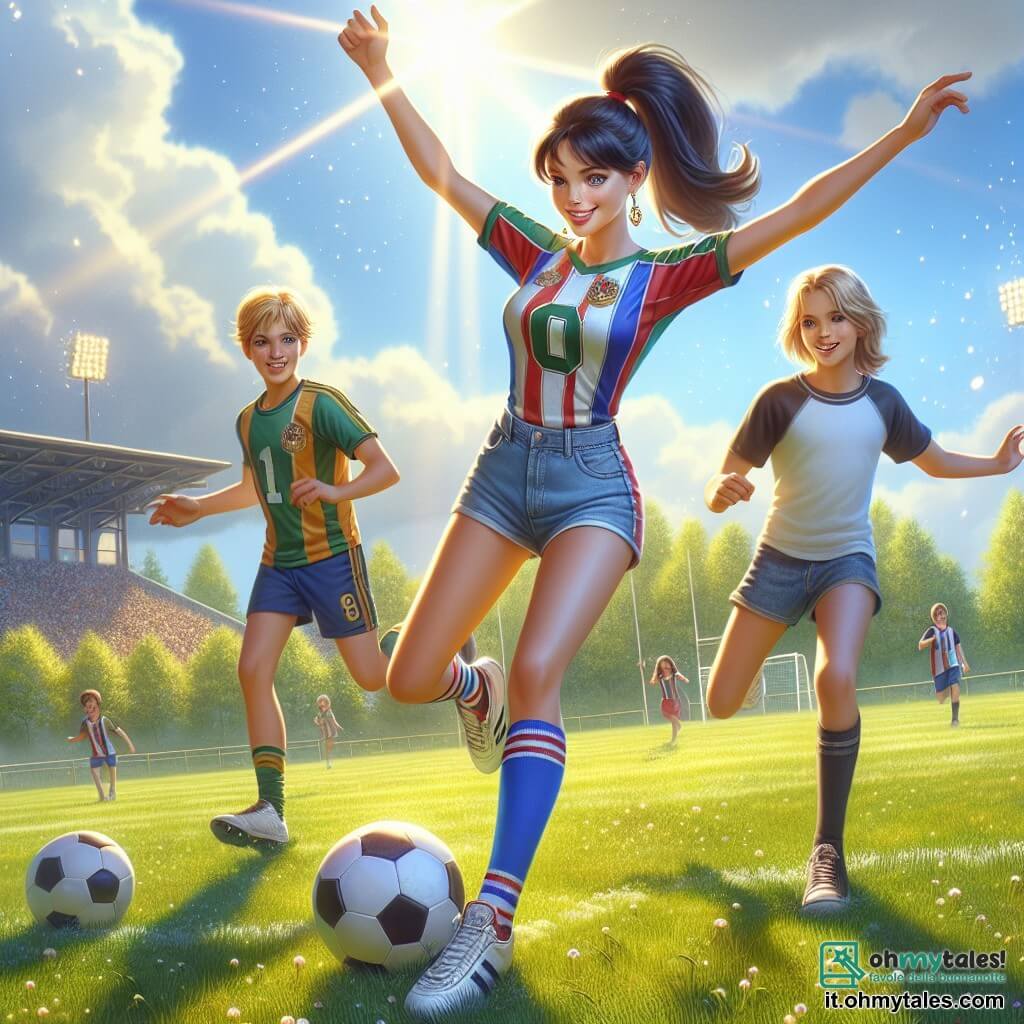 Illustration destinée aux enfants représentant un vaste terrain de football verdoyant, baigné par la lumière dorée du soleil, avec des arbres en arrière-plan et un ciel bleu parsemé de nuages blancs. Au centre, une jeune femme aux cheveux bruns attachés en une queue de cheval, portant un maillot coloré et des shorts, se prépare à tirer un ballon de football, son visage rayonnant de détermination et de joie. À ses côtés, deux enfants, un garçon aux cheveux blonds et une fille aux cheveux noirs, regardent avec admiration, le garçon souriant et levant les bras en l'air, tandis que la fille, concentrée, s'apprête à essayer de frapper le ballon. L'atmosphère est pleine d'énergie et d'excitation, avec des éclats de rire et des encouragements flottant dans l'air, capturant l'esprit du jeu et de l'amitié.