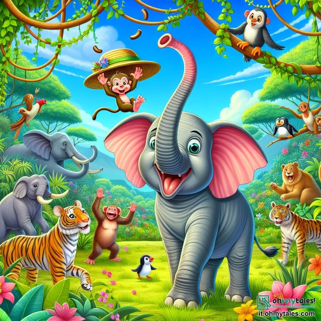 Illustrazione che rappresenta una scena gioiosa in una giungla lussureggiante, dove grandi liane verdi e fiori colorati si intrecciano sotto un cielo blu splendente. Al centro, un elefante dalle grandi orecchie rosa e dalla pelle grigia, con occhi scintillanti di curiosità, sta in piedi sulle zampe posteriori, sollevando la sua lunga proboscide con entusiasmo. Accanto a lui, una piccola scimmia birichina, con un pelo marrone e occhi maliziosi, pende da un ramo, ridendo e lanciando noci in aria. Sullo sfondo, un gruppo di animali, tra cui una tigre a strisce arancioni e un pinguino dal piumaggio bianco e nero, li osserva divertito. La scena trasmette un'atmosfera di amicizia ed eccitazione, mentre l'elefante e i suoi amici scoprono oggetti misteriosi sparsi intorno a loro, come un cappello di paglia e un orologio strano, che aggiungono un tocco di mistero e avventura a questa gioiosa esplorazione.