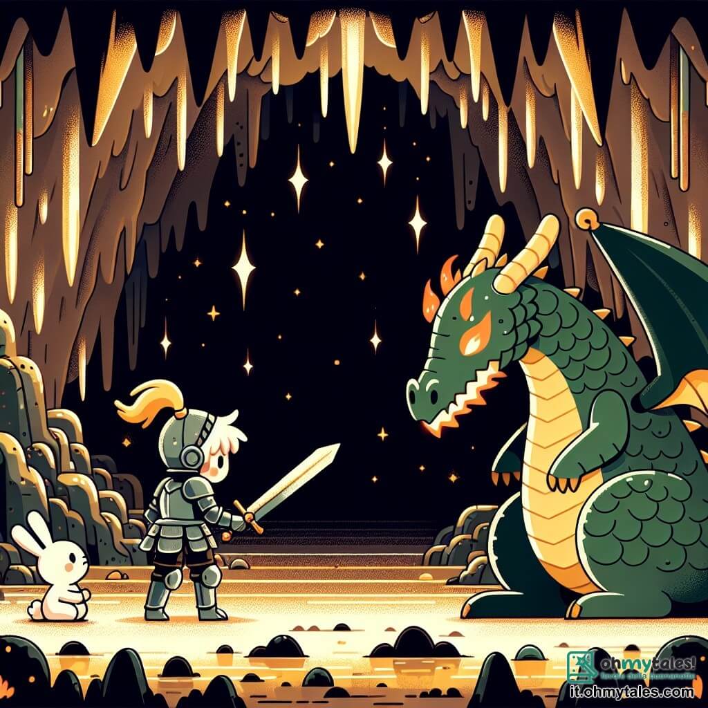 Une illustration sous forme de dessin destinée aux enfants représentant une vaste caverne sombre et mystérieuse, avec des murs de pierre scintillants de reflets dorés, au centre un courageux chevalier masculin en armure brillante, brandissant une épée avec détermination, tandis qu'un petit coniglio blanc aux grandes oreilles, tremblant de peur, observe la scène depuis un coin, alors que le chevalier confronte un énorme dragon aux écailles vertes et aux yeux flamboyants, prêt à négocier un accord pour sauver son royaume.