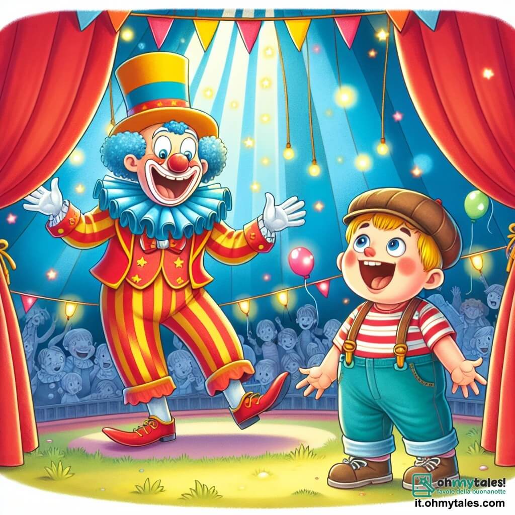 Une illustration destinée aux enfants représentant un jeune garçon émerveillé par un incroyable spectacle de cirque, entouré d'un sympathique clown rigolo, sous le grand chapiteau coloré du Circo Magico.